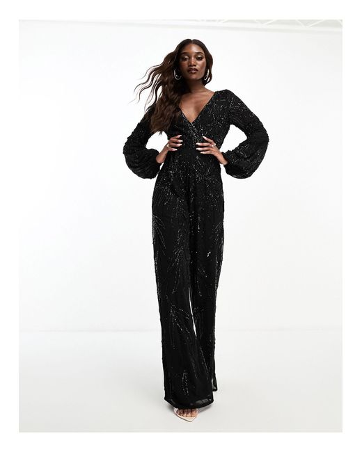 Beauut Black Embellished Wide Leg Jumpsuit With Long Sleeve