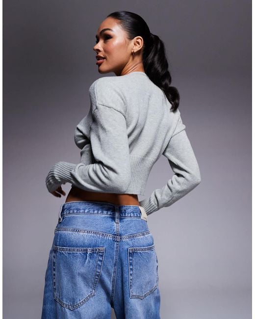 Aria Cove Gray Structured Rib Knit Waist Deep Cuff Cropped Cardigan