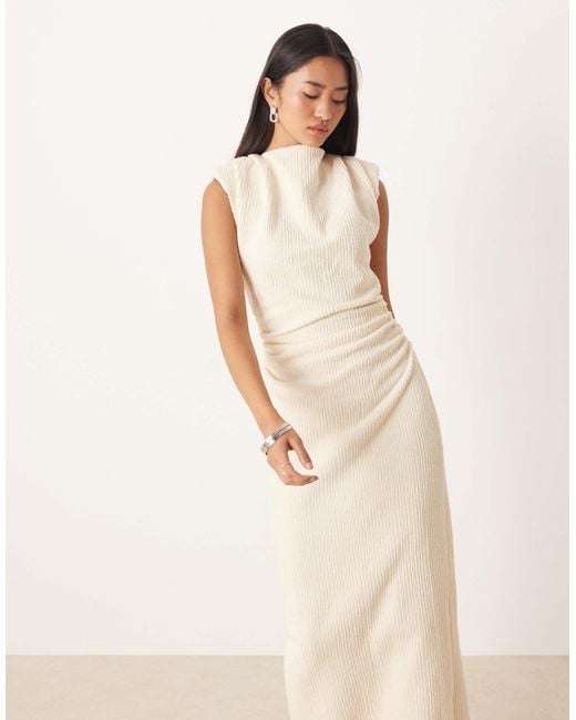 ASOS Natural Boucle Sleeveless Shoulder Pad Ruched Midi Dress
