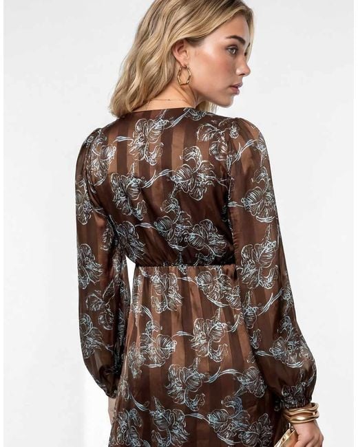 Lovedrobe Brown Floral Print Burnout Satin Stripe Midaxi Dress