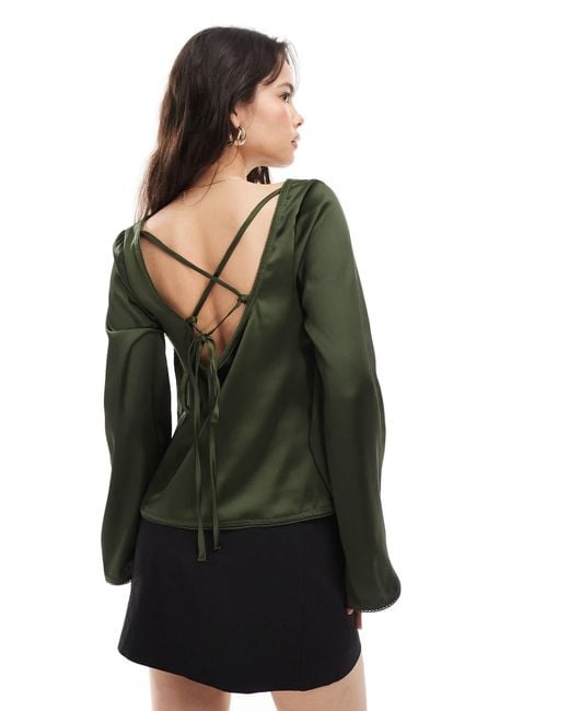 ASOS Women's Black Tie Back Satin Long Sleeve Top