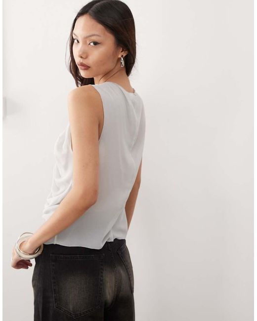 Weekday Gray Chiffon Sleeveless Blouse With Asymmetric Gathered Front Detail