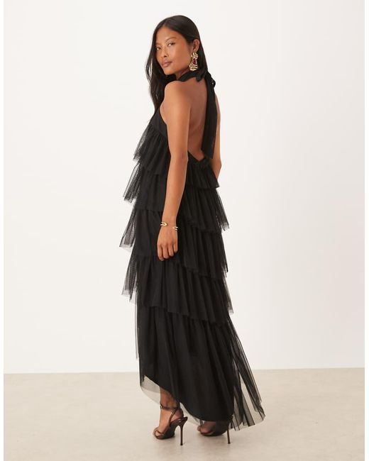 LACE & BEADS Maxi Jurk Van Tule Met Open Achterkant En Stroken in het Black