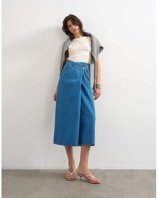 TOPSHOP Blue Denim Wrap Circle Midi Skirt