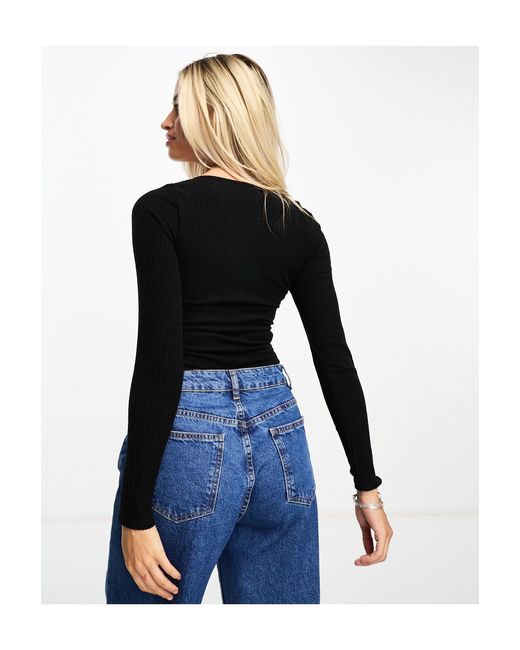 ASOS Black Fuller Bust Rib Bodysuit With Bust Seams And Long Sleeve