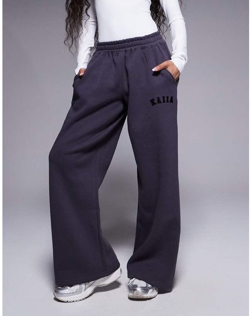 Kaiia Blue Petite Cotton Blend Embroidered Logo Wide Leg Trackies