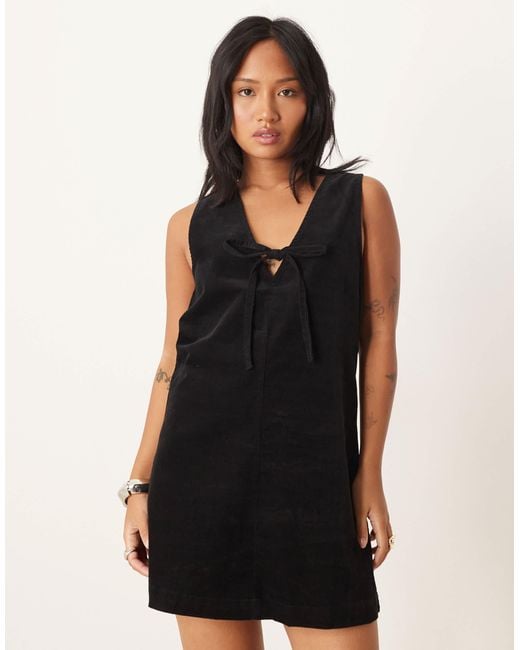 Nobody's Child Petite Black Nila Tie-Detail Cord Pinafore Mini Dress
