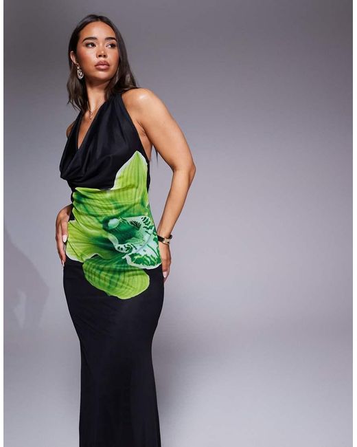 ASOS Multicolor Plunge Halter Maxi Dress With Lime Floral Placement Print
