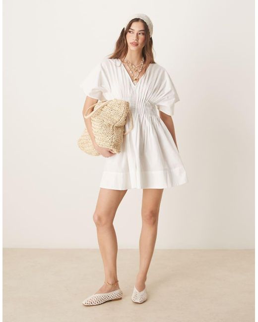 ASOS Natural V Neck Short Sleeve Mini Dress With Narrow Pintucks