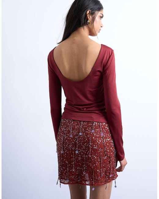 TOPSHOP Top Van Gladde Stof Met Lage Achterkant En Lange Mouwen in het Red