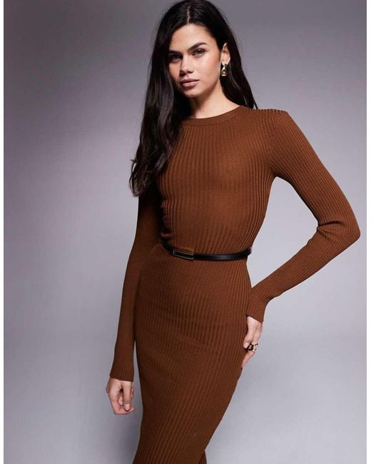 River Island Brown Crew Neck Knitted Midi Dress