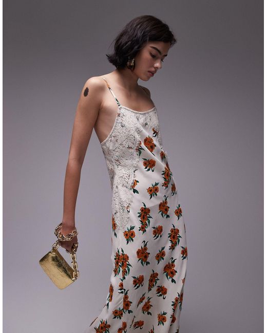 TOPSHOP Orange Premium White And Floral And Lace Maxi Slip Dress