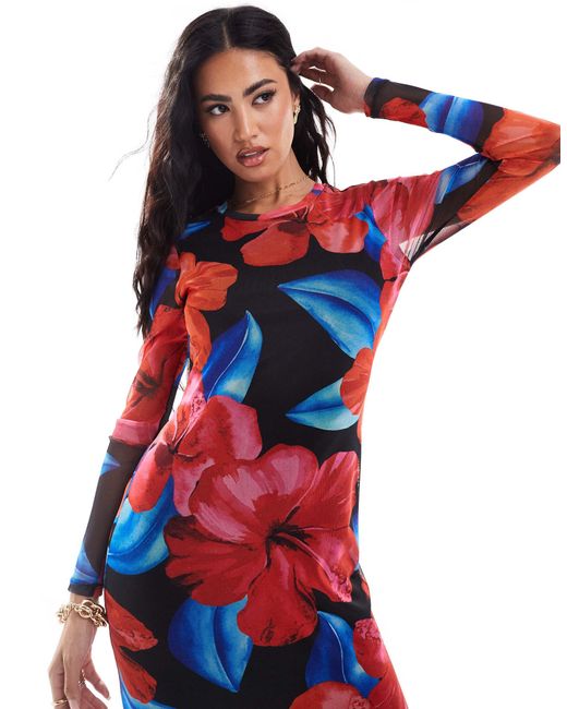 New Look Red Hibiscus Mesh Midi Dress