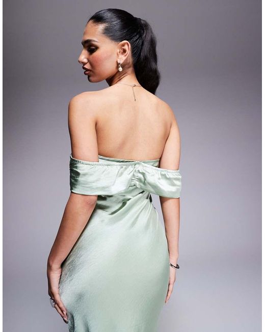Princess Polly Blue Satin Bardot Ruched Front Detail Maxi Dress
