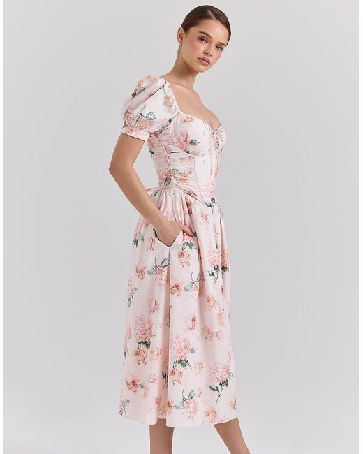 House Of Cb Pink Lulabell Cotton Puff Sleeve Midi Dress