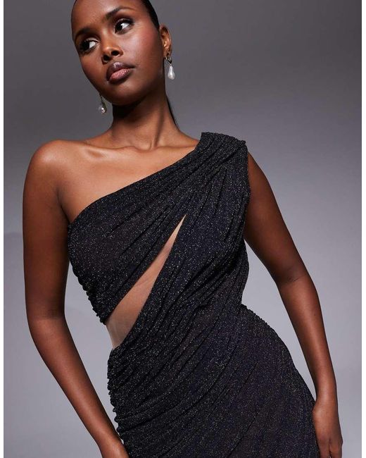JLUXLABEL Blue Aura One Shoulder Draped Cut Out Asymmetric Midi Dress