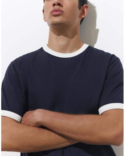 Pull&Bear Blue Contrast Trim T-shirt for men