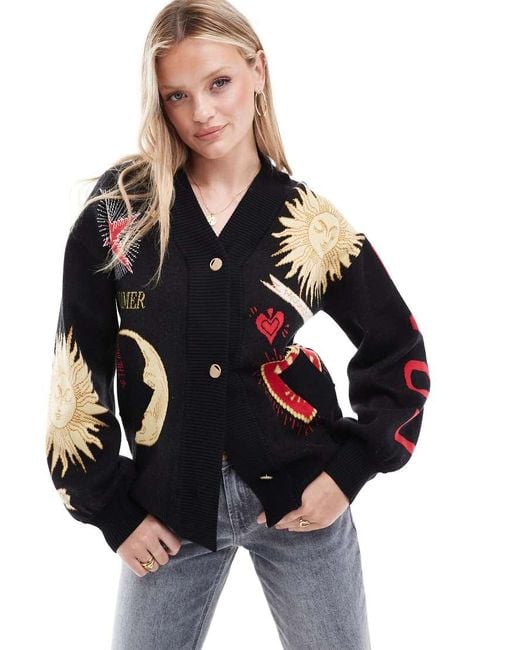 Never Fully Dressed Blue Mystical Knitted Placement Print Cardigan