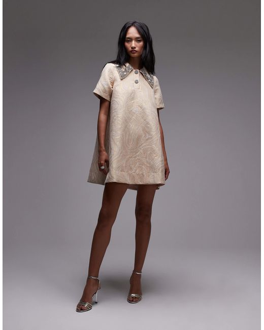 & Other Stories Gray Jacquard Mini Swing Dress With Embellished Collar