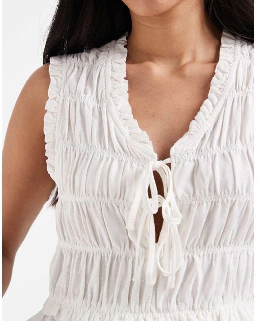 ONLY White Linen Blend Tie Front Ruched Top