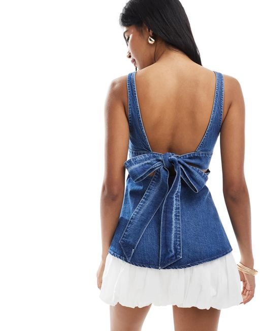 ASOS Blue Denim Peplum Top With Bow Back Detail