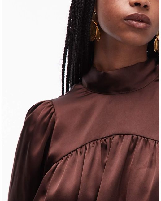 ASOS Brown Satin High Neck Blouson Sleeve Mini Dress