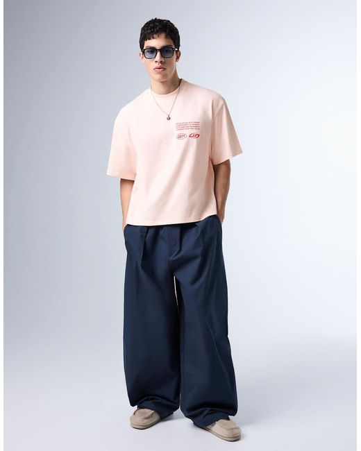Bershka Pink Boxy Oversized Printed T.Shirt for men