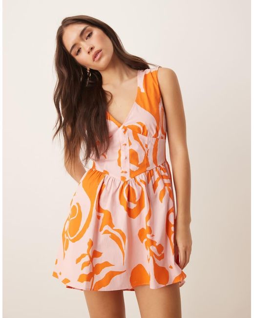 ASOS Orange V Neck Waisted Button Down Mini Dress