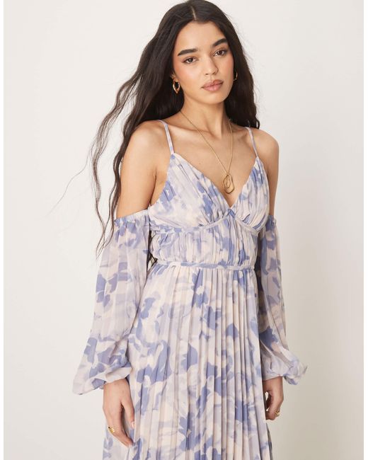 ASOS Pink – plissiertes bardot-midaxikleid mit blumenprint und tiefem ausschnitt
