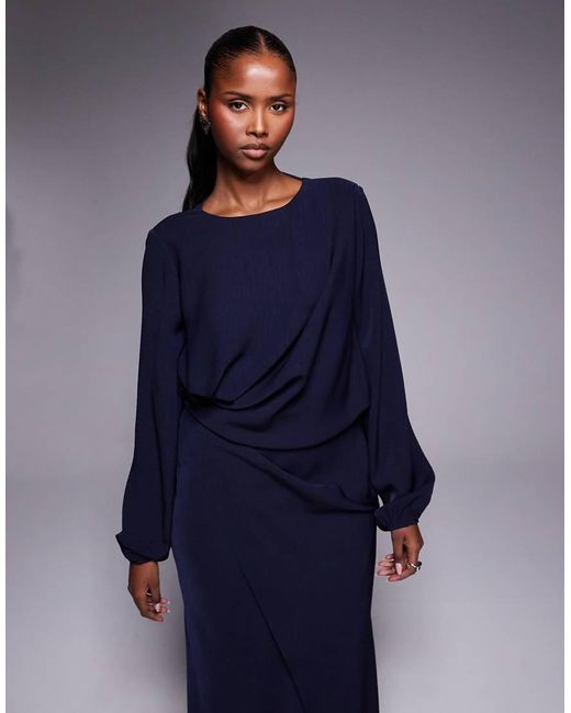 ASOS Long Sleeve Twist Waist Detail Maxi Dress With Open Back in Blue ...