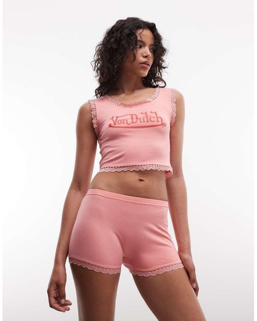 Von Dutch Pink Low Rise Micro Mini Shorts With Lace Edging