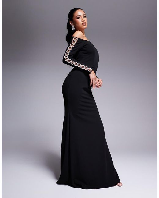 Goddiva Blue Embellished Diamante Sleeve Bardot Maxi Dress