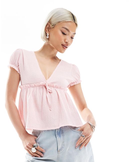 Miss Selfridge Pink Crinkle Textured Jersey Baby Doll Top
