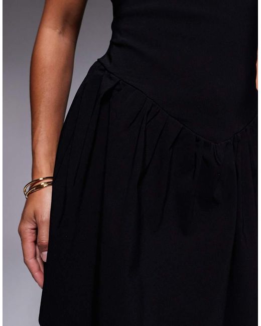 Vesper Petite Black Bengaline Square Neck Drop Waist Detail Skater Mini Dress