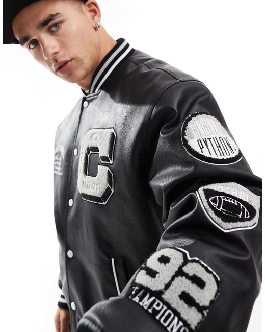 【BLACK】Faux leather varsity jkt Bershka faux leather varsity jacket in black | ASOS