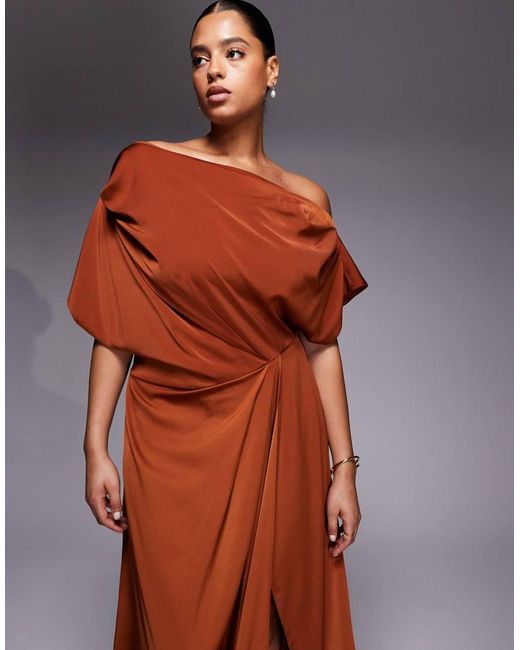 ASOS Brown Asos Design Curve Exclusive Satin Fallen Shoulders Side Slit Maxi Dress
