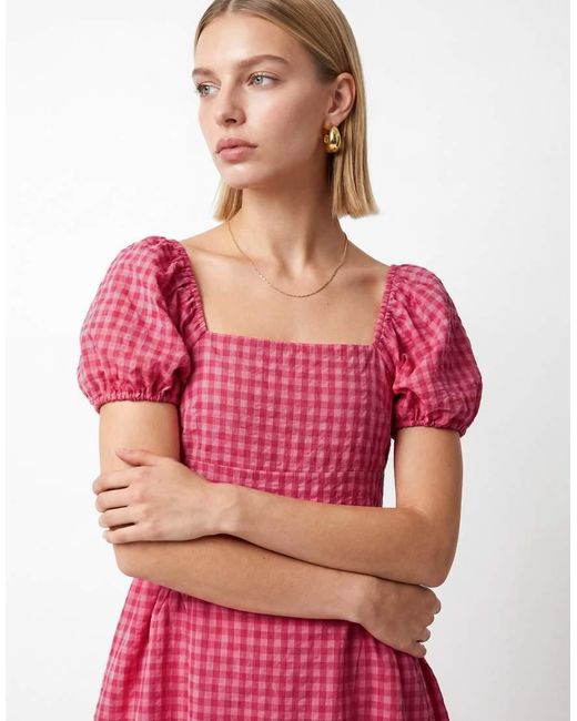 Lovedrobe Pink Gingham Square Neck Short Sleeve Midaxi Dress