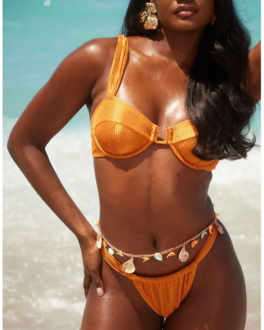 South Beach Orange Crinkle Ruched Side Bikini Bottom
