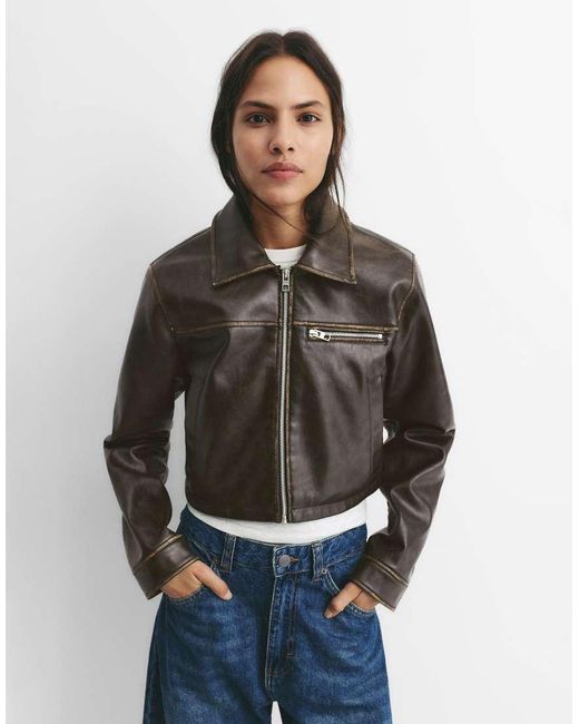 Pull&Bear Gray Washed Leather Effect Jacket