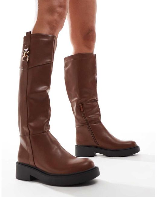 SEQWL Brown Knee High Buckle Flat Riding Boots
