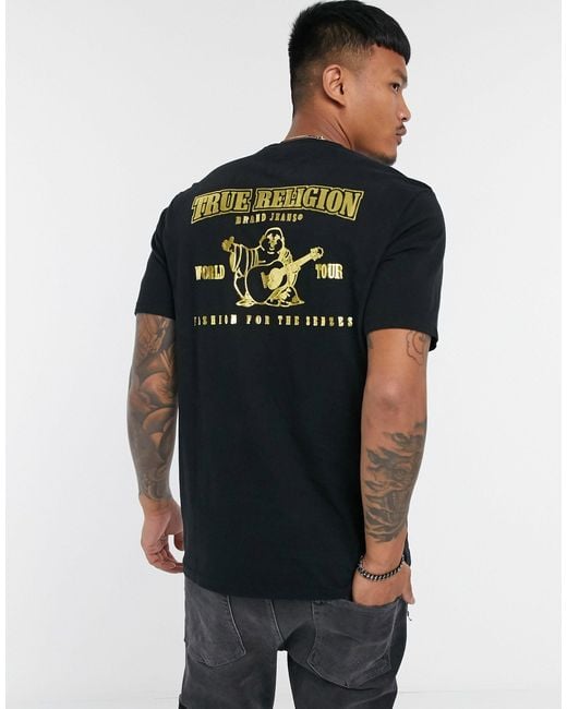 Camiseta negra con logo dorado estampado en la espalda True Religion de hombre de color Black