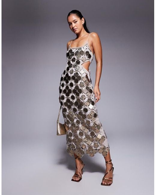 ASOS Blue Grid Embellished Cutwork Midi Dress