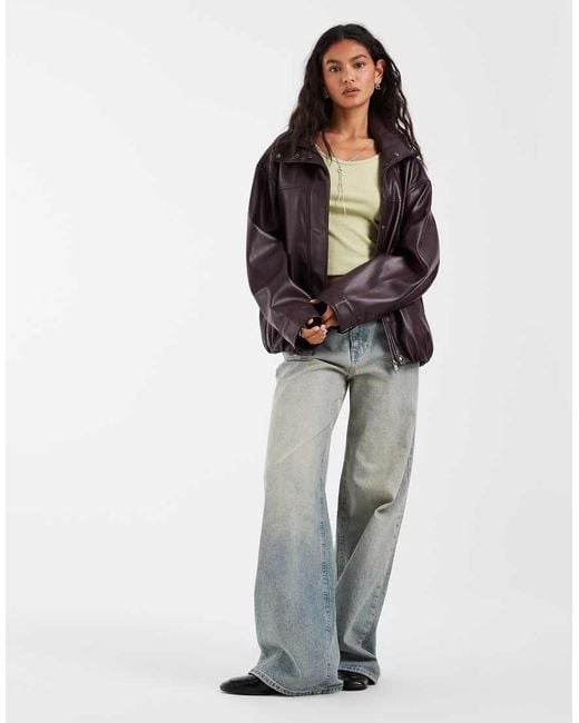ASOS Purple Clean Leather Look Funnel Track Bomber Jacket