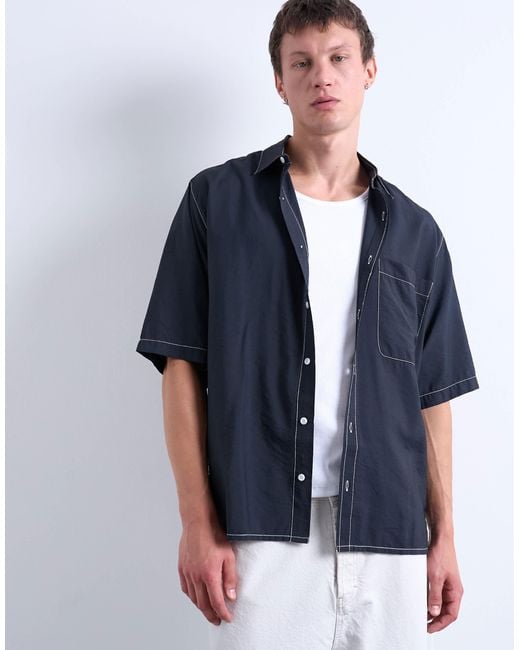 Topman Blue Relaxed Fit Shirt With Contrast Stitch Detail for men