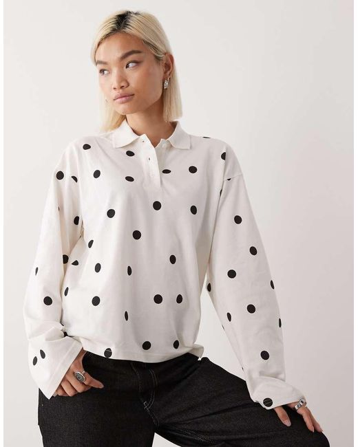 Monki Natural Long Sleeve Oversized Rugby Polo