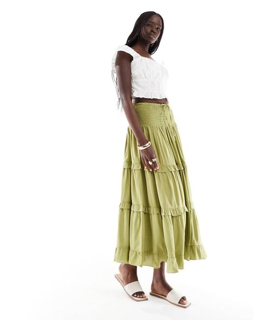 Wednesday's Girl Green Tiered Ruffle Midaxi Boho Skirt