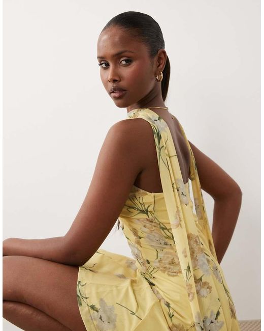 ASOS Natural Printed Mesh Scarf Detail Godet Mini Dress