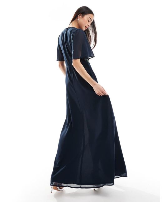Maya Blue Floral Embellished Short Angel Sleeve Maxi Dress
