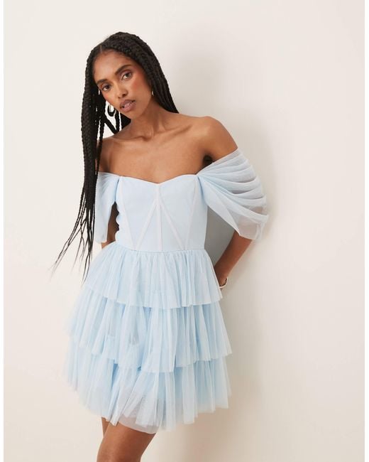 LACE & BEADS Blue Off Shoulder Corset Tulle Mini Dress