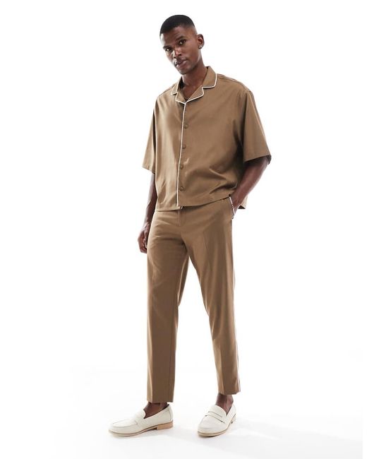 ASOS Brown Cropped Shirt With White Piping Detail for men
